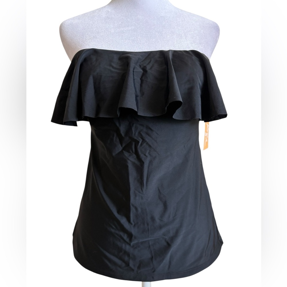 Small Kona Sol Black Ruffle Flounce Tankini Top Removable Straps Strapless New